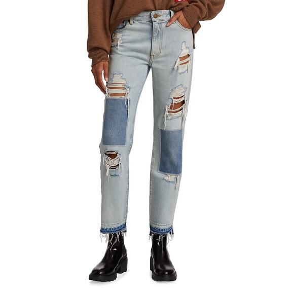 Monse Light Wash Distressed Patchwork High Rise Straight-Leg Jeans` - Picture 4 of 14